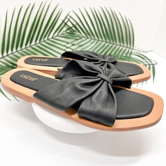 CREVO Kitty Bow Leather Slide Sandal Size 6 Black Square Open Toe Flats - Picture 5 of 11
